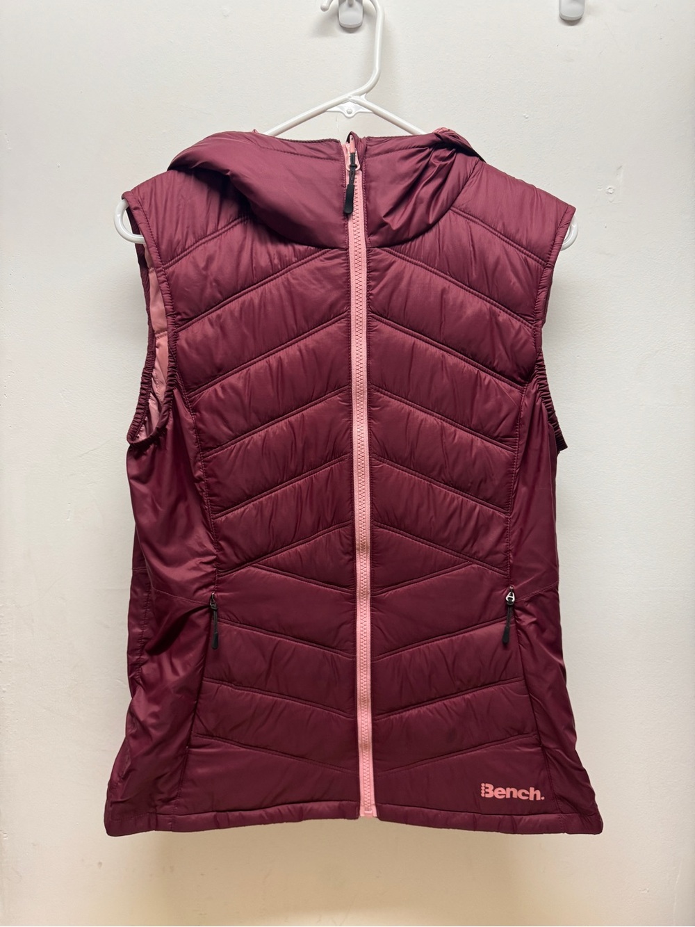 Bench Women's Burgundy Quilted Hooded Vest with Pink Zip